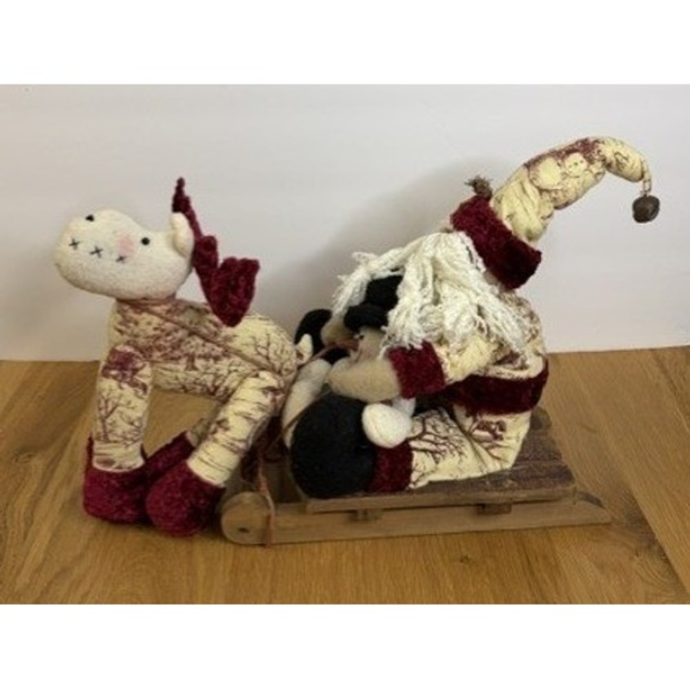 Christmas Sled Decor Santa Snowman Reindeer Cream Burgundy Good Toile Wood Plush